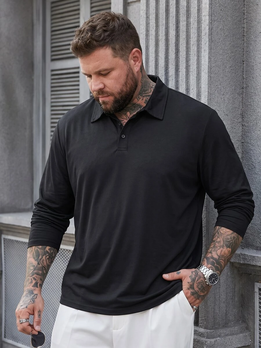 DRIVNCORE 大尺碼男士純色前開扣長袖休閒素面 Polo 衫,適合外出、秋季、正式場合 - 黑色 - 查看 1