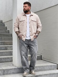 DRIVNCORE 加大码男士长袖衬衫式外套，浅色工装休闲外出外套，送给朋友、丈夫、男友的礼物，秋季必备 - 杏色 - 查看 3
