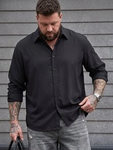 DRIVNCORE 大尺碼男士休閒純色長袖襯衫，適合秋季，正式場合 - 黑色 - 查看 3