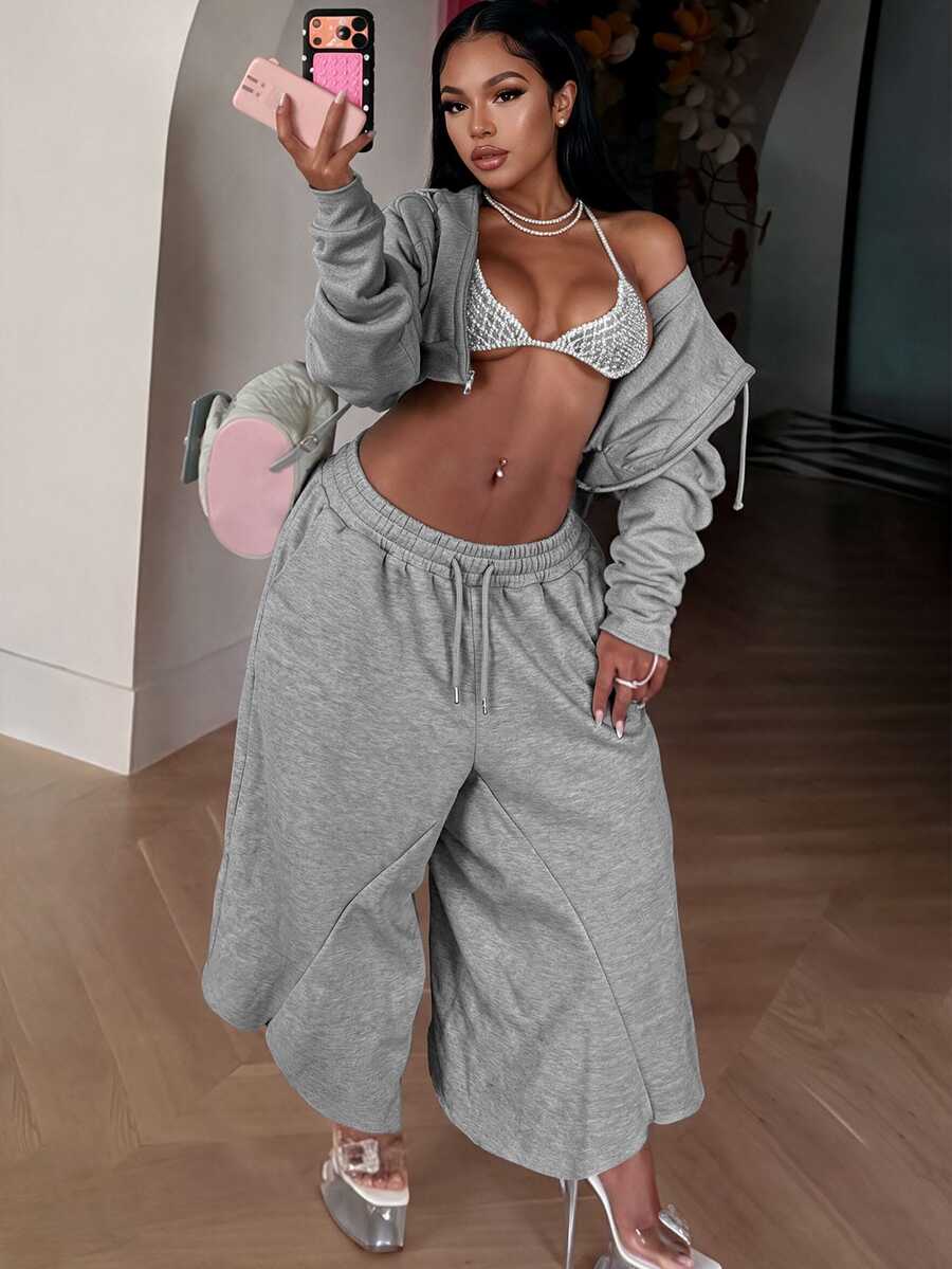 BamGleam Grey Wide Leg Sweatpants High Waist Drawstring Loose Slimming Drape Casual Basic Joggers Lounge Autumn - Grey - View 1