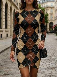 SHEIN LUNE Plaid Pattern Autumn Long Sleeve Fitted Waist Ruched Base Layer Elegant Preppy Women's Short Dress Fall/Winter Work Black - Multicolor - View 1