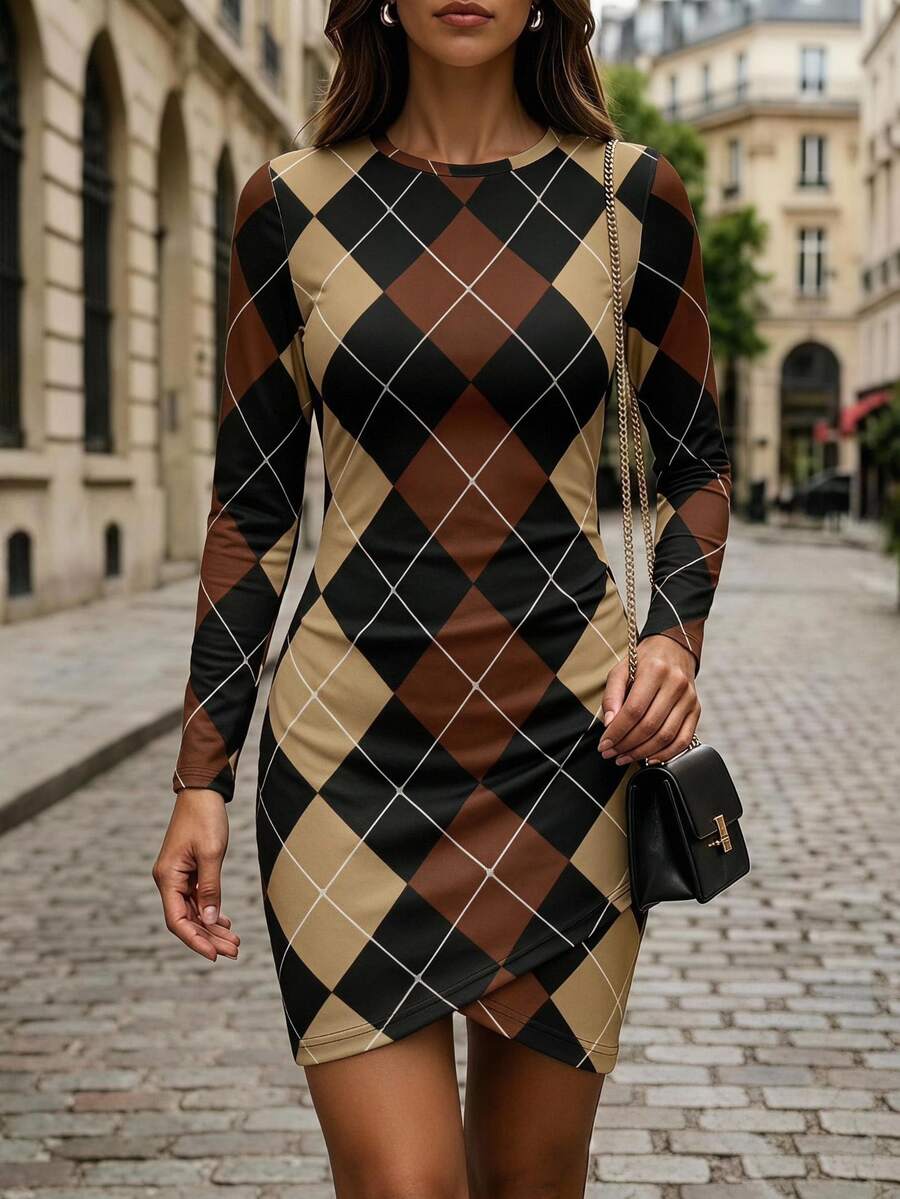SHEIN LUNE Plaid Pattern Autumn Long Sleeve Fitted Waist Ruched Base Layer Elegant Preppy Women's Short Dress Fall/Winter Work Black - Multicolor - View 1