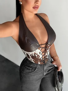 SHEIN SXY 皮革拼接动物纹性感上衣 - 咖啡棕 - 查看 4