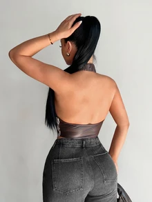 SHEIN SXY 皮革拼接动物纹性感上衣 - 咖啡棕 - 查看 2