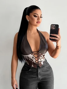 SHEIN SXY 皮革拼接动物纹性感上衣 - 咖啡棕 - 查看 5