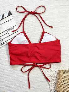SHEIN Swim Solid Color Backless Halter Neck Swimwear Top - Red - View 2