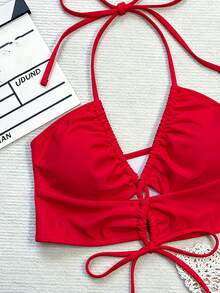 SHEIN Swim Solid Color Backless Halter Neck Swimwear Top - Red - View 3