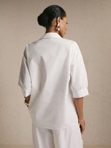 Poéselle 女款 2026 年復古波希米亞刺繡前扣式 3/4 袖白色襯衫，休閒上班辦公室上衣，適合返校季與日常穿著 - 白色 - 查看 5