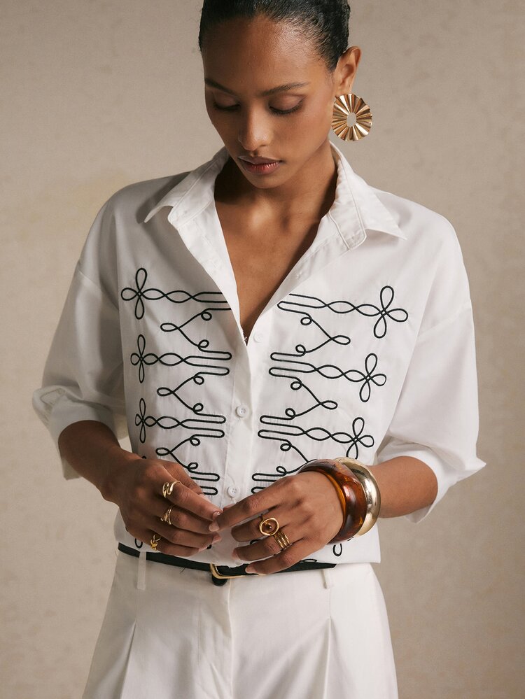 Poéselle Women's 2026 Vintage Boho Embroidered Button Front 3/4 Sleeve White Shirt, Casual Work Office Blouse For Back To School & Everyday Wear - White - View 6