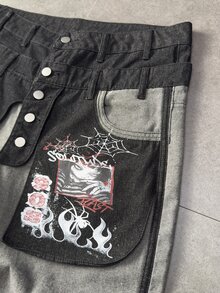 ROMWE MEN Men's Letter Pattern Colorblock Wide Leg Casual Denim Jeans - Grey - View 4