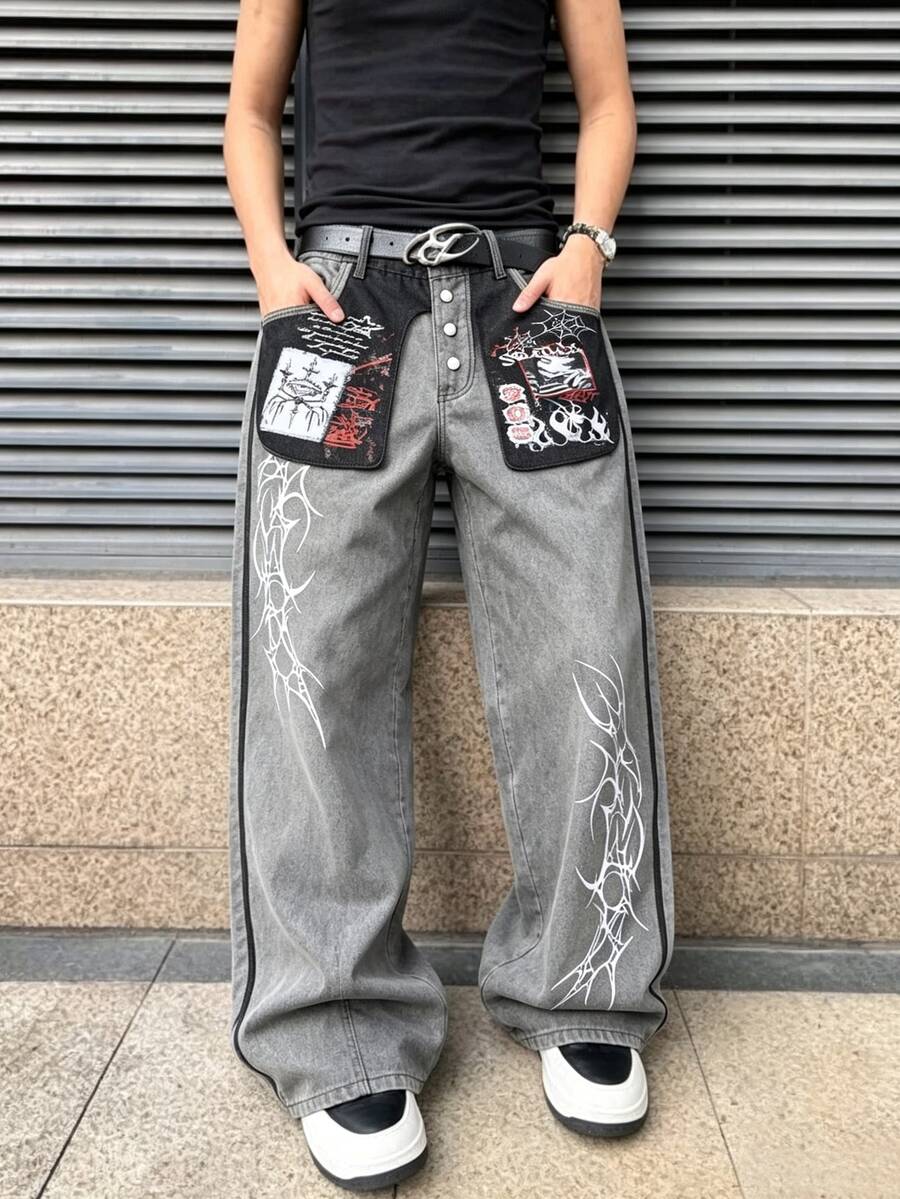 ROMWE MEN Men's Letter Pattern Colorblock Wide Leg Casual Denim Jeans - Grey - View 1