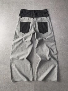 ROMWE MEN Men's Letter Pattern Colorblock Wide Leg Casual Denim Jeans - Grey - View 3