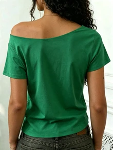 Rovax Camiseta de mujer de unicolor, ajustada, corta y asimétrica con mangas cortas - Verde - Ver 2