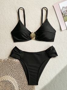 Swim Chiccia 女士春假海滩度假性感金属配饰全素食高切褶皱细肩带比基尼套装，女士夏季泳装 - 黑色 - 查看 6