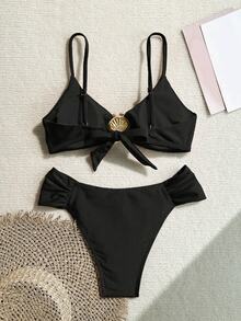 Swim Chiccia 女士春假海滩度假性感金属配饰全素食高切褶皱细肩带比基尼套装，女士夏季泳装 - 黑色 - 查看 2