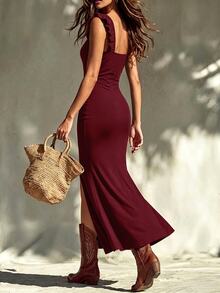 Hotletica Elegant Sexy Ruffle Pleated Slit Long Dress For Women Vacation Party Burgundy Summer - Burgundy - View 2