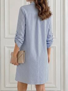 Medorina Blue And White Stripe Striped Print All Season Women's Mid-Length Dress Teachers' Day Office Autumn Elegant - Multicolor - View 2