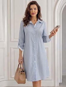 Medorina Blue And White Stripe Striped Print All Season Women's Mid-Length Dress Teachers' Day Office Autumn Elegant - Multicolor - View 3