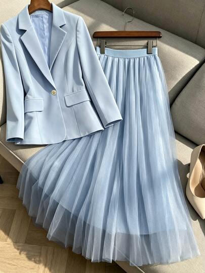 GlowEve Women's Solid Color Notch Lapel Jacket And Mesh Skirt 2 Pieces Set Tea Party Theme Party Baby Blue Fall Romantic Smart Casual Elegant Wedding Office