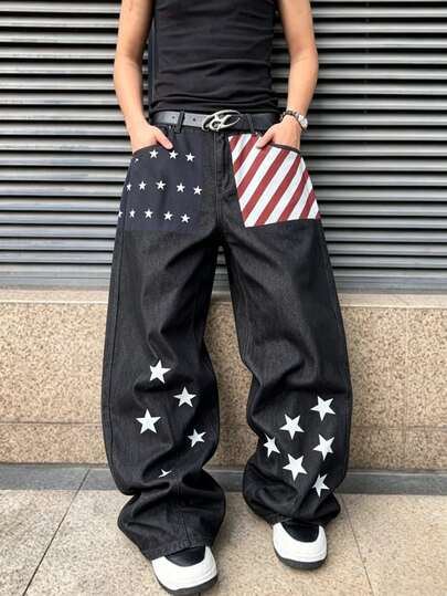 ROMWE MEN Men's Striped Star Print Wide Leg Jeans