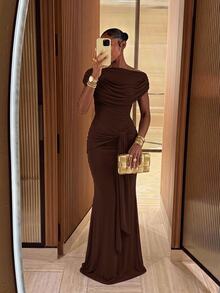 Lumalex Women's Ultra Long Soft Flowy Mesh Ruched Waist Bodycon Tie-Up Dress With Shawl And Ribbon - Brown - View 3