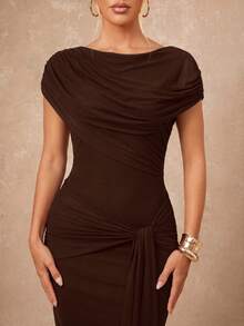Lumalex Women's Ultra Long Soft Flowy Mesh Ruched Waist Bodycon Tie-Up Dress With Shawl And Ribbon - Brown - View 8
