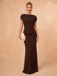 Lumalex Women's Ultra Long Soft Flowy Mesh Ruched Waist Bodycon Tie-Up Dress With Shawl And Ribbon - Brown - View 5