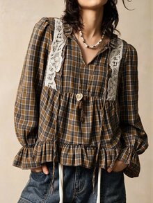 SHEIN Women's Vintage Brown Plaid Shirt, Spring/Autumn, Ruffle Collar With Tie, Lace Patchwork, Puff Sleeves, Peplum Hem, Doll Style Top - Multicolor - View 7