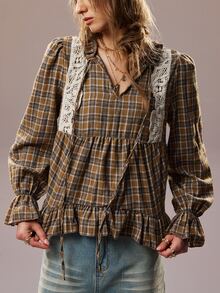 SHEIN Women's Vintage Brown Plaid Shirt, Spring/Autumn, Ruffle Collar With Tie, Lace Patchwork, Puff Sleeves, Peplum Hem, Doll Style Top - Multicolor - View 6