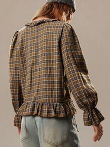SHEIN Women's Vintage Brown Plaid Shirt, Spring/Autumn, Ruffle Collar With Tie, Lace Patchwork, Puff Sleeves, Peplum Hem, Doll Style Top - Multicolor - View 4