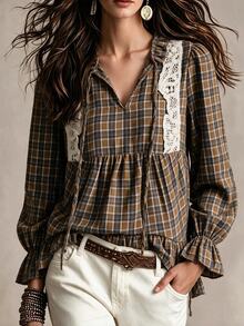 SHEIN Women's Vintage Brown Plaid Shirt, Spring/Autumn, Ruffle Collar With Tie, Lace Patchwork, Puff Sleeves, Peplum Hem, Doll Style Top - Multicolor - View 3