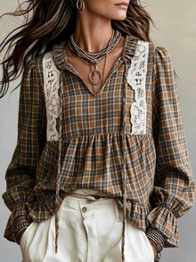 SHEIN Women's Vintage Brown Plaid Shirt, Spring/Autumn, Ruffle Collar With Tie, Lace Patchwork, Puff Sleeves, Peplum Hem, Doll Style Top - Multicolor - View 8