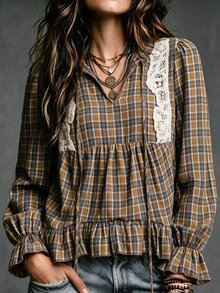 SHEIN Women's Vintage Brown Plaid Shirt, Spring/Autumn, Ruffle Collar With Tie, Lace Patchwork, Puff Sleeves, Peplum Hem, Doll Style Top - Multicolor - View 2