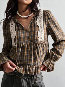 SHEIN Women's Vintage Brown Plaid Shirt, Spring/Autumn, Ruffle Collar With Tie, Lace Patchwork, Puff Sleeves, Peplum Hem, Doll Style Top - Multicolor - View 5