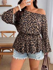 Enliva Plus-Size Women's Retro Leopard Print One-Shoulder Pleated Waist Loose TopApple,Rounded Body - Multicolor - View 1