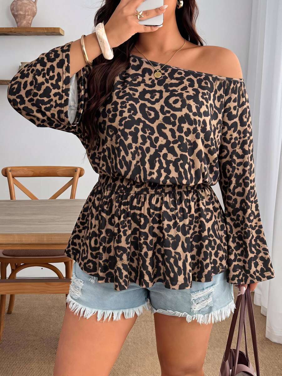 Enliva Plus-Size Women's Retro Leopard Print One-Shoulder Pleated Waist Loose TopApple,Rounded Body - Multicolor - View 1