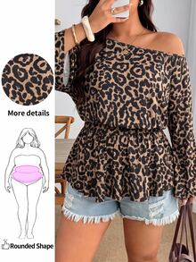 Enliva Plus-Size Women's Retro Leopard Print One-Shoulder Pleated Waist Loose TopApple,Rounded Body - Multicolor - View 3