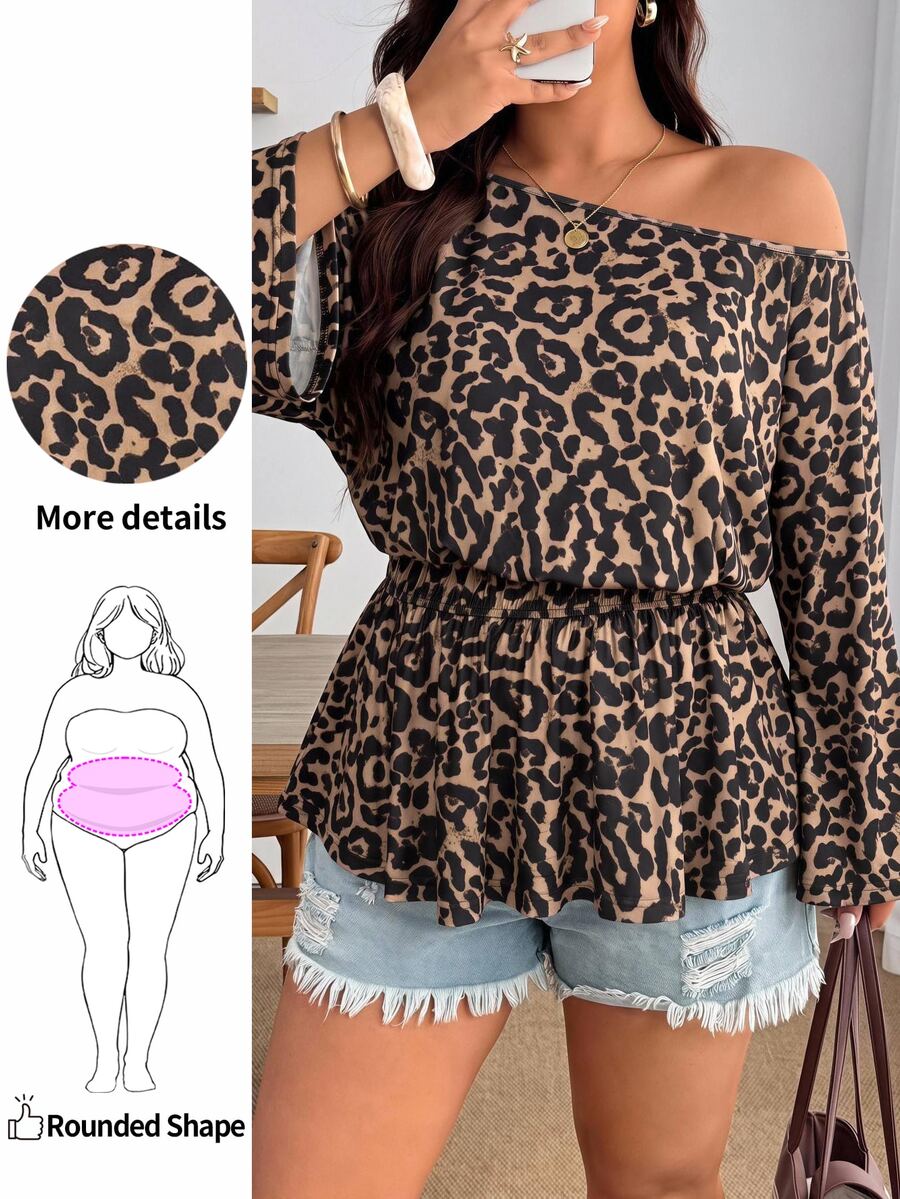 Enliva Plus-Size Women's Retro Leopard Print One-Shoulder Pleated Waist Loose TopApple,Rounded Body - Multicolor - View 1
