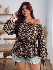 Enliva Plus-Size Women's Retro Leopard Print One-Shoulder Pleated Waist Loose TopApple,Rounded Body - Multicolor - View 5