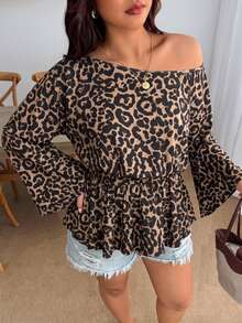Enliva Plus-Size Women's Retro Leopard Print One-Shoulder Pleated Waist Loose TopApple,Rounded Body - Multicolor - View 4