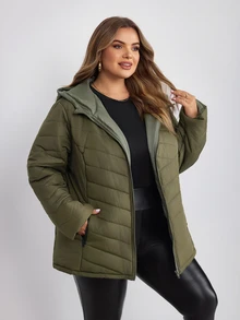 SHEIN CURVE+ Plus Size Women's Winter Casual Zip-Up Hooded Thick Down Jacket, Army Green Solid Color, Suitable For Hiking, Simple Fashion Daily Wear, Suitable For Autumn/Winter - Army Green - View 3