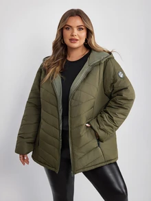 SHEIN CURVE+ Plus Size Women's Winter Casual Zip-Up Hooded Thick Down Jacket, Army Green Solid Color, Suitable For Hiking, Simple Fashion Daily Wear, Suitable For Autumn/Winter - Army Green - View 4