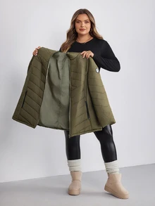SHEIN CURVE+ Plus Size Women's Winter Casual Zip-Up Hooded Thick Down Jacket, Army Green Solid Color, Suitable For Hiking, Simple Fashion Daily Wear, Suitable For Autumn/Winter - Army Green - View 8