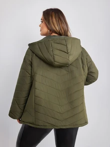 SHEIN CURVE+ Plus Size Women's Winter Casual Zip-Up Hooded Thick Down Jacket, Army Green Solid Color, Suitable For Hiking, Simple Fashion Daily Wear, Suitable For Autumn/Winter - Army Green - View 2