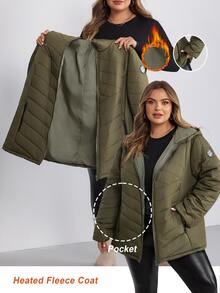 SHEIN CURVE+ Plus Size Women's Winter Casual Zip-Up Hooded Thick Down Jacket, Army Green Solid Color, Suitable For Hiking, Simple Fashion Daily Wear, Suitable For Autumn/Winter - Army Green - View 1