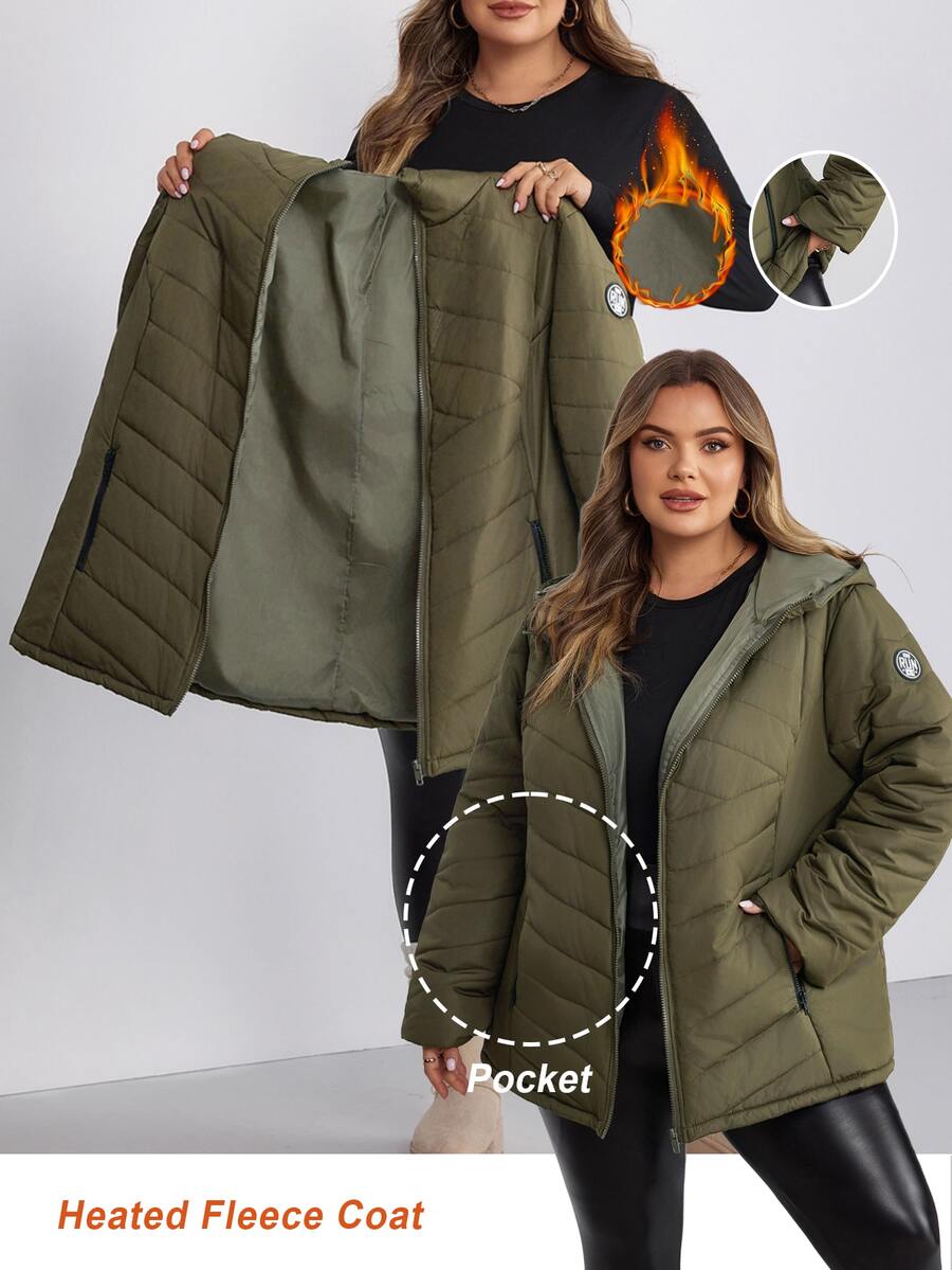 SHEIN CURVE+ Plus Size Women's Winter Casual Zip-Up Hooded Thick Down Jacket, Army Green Solid Color, Suitable For Hiking, Simple Fashion Daily Wear, Suitable For Autumn/Winter - Army Green - View 1