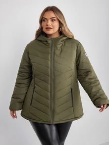 SHEIN CURVE+ Plus Size Women's Winter Casual Zip-Up Hooded Thick Down Jacket, Army Green Solid Color, Suitable For Hiking, Simple Fashion Daily Wear, Suitable For Autumn/Winter - Army Green - View 6