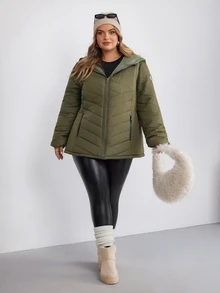 SHEIN CURVE+ Plus Size Women's Winter Casual Zip-Up Hooded Thick Down Jacket, Army Green Solid Color, Suitable For Hiking, Simple Fashion Daily Wear, Suitable For Autumn/Winter - Army Green - View 5