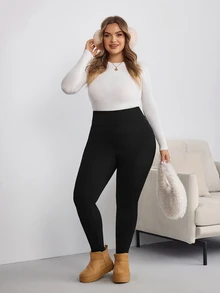 SHEIN CURVE+ Plus Size Thickened Black Fleece Lined Leggings, Suitable For Winter - Black - View 8