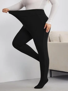SHEIN CURVE+ Plus Size Thickened Black Fleece Lined Leggings, Suitable For Winter - Black - View 9